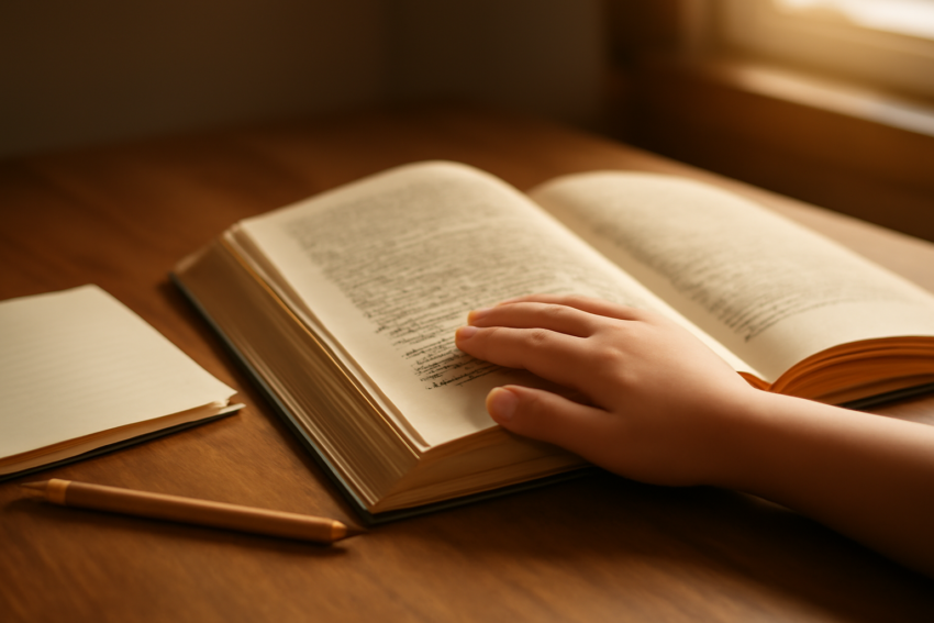 Buku cerita tebal terbuka di meja kayu dengan buku catatan kecil dan pensil di sampingnya