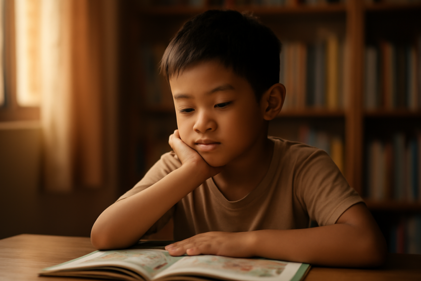 Anak duduk di meja dengan buku terbuka, tampak berpikir saat membaca
