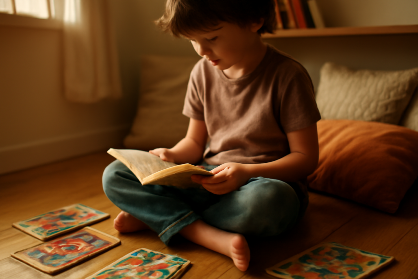 Anak duduk di lantai kamar dikelilingi tumpukan komik dan satu buku cerita tipis