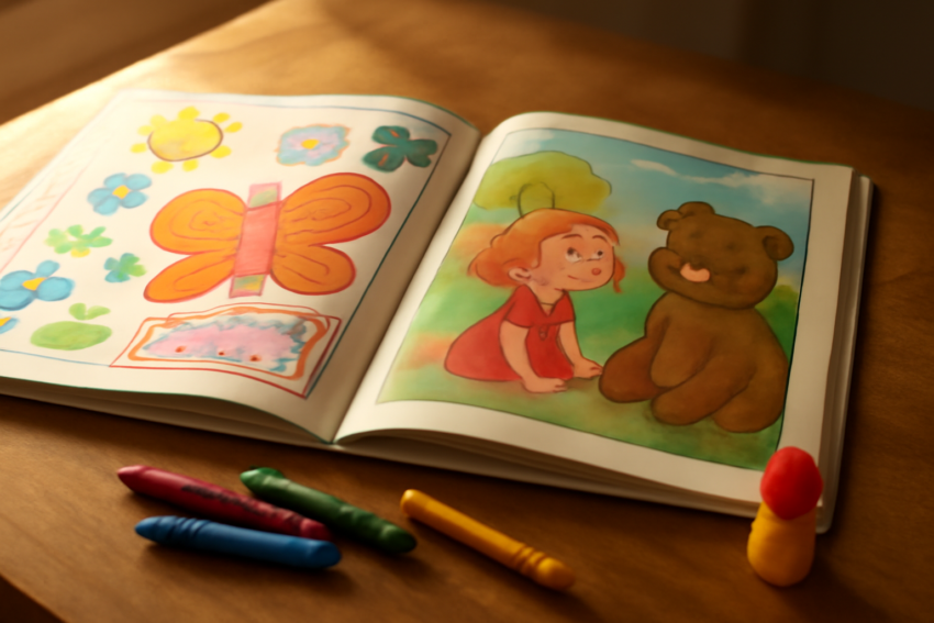 Buku aktivitas dan buku cerita anak terbuka di atas meja kayu
