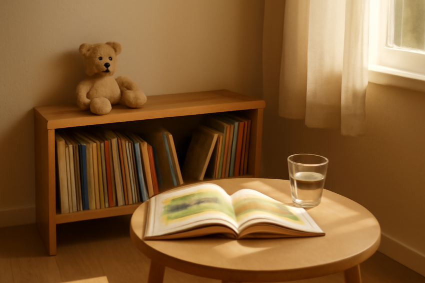 Rak buku anak berisi buku bergambar tipis dan buku cerita tebal di sudut baca rumah