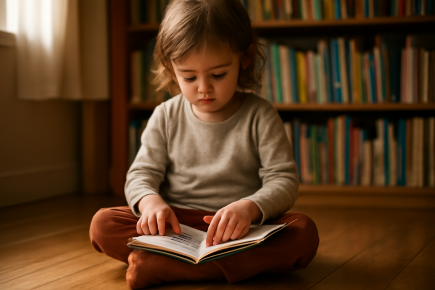 Anak membaca buku tipis bergambar di lantai ruang baca rumah