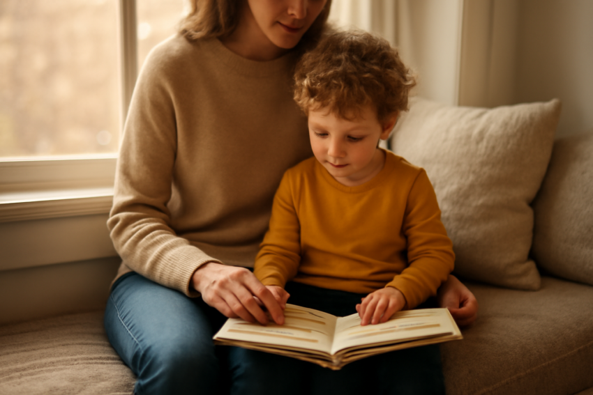 Ibu dan anak membaca buku bersama di pojok baca rumah